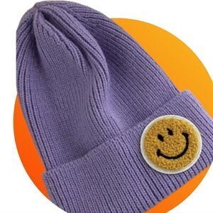 Knit ribbed smiley face hat beanie, purple